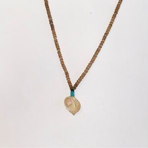 Vintage Wooden Seed Bead and SeaShell Necklace with Faux Turquoise Accent